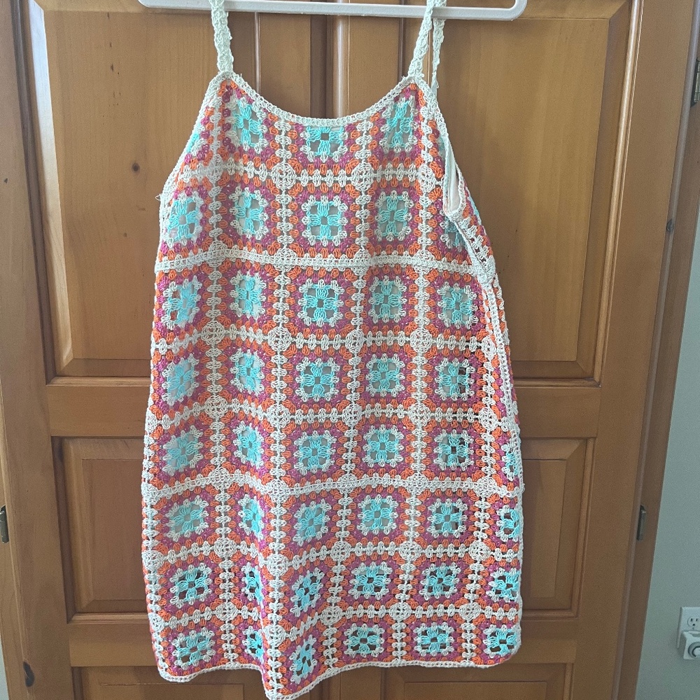 Aqua Crochet Square-Pattern Slip Dress in Orange, Turquoise & Cream